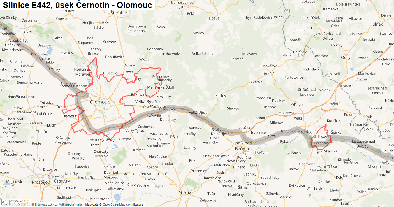 Úsek Černotín - Olomouc, Silnice E442 - Mapa