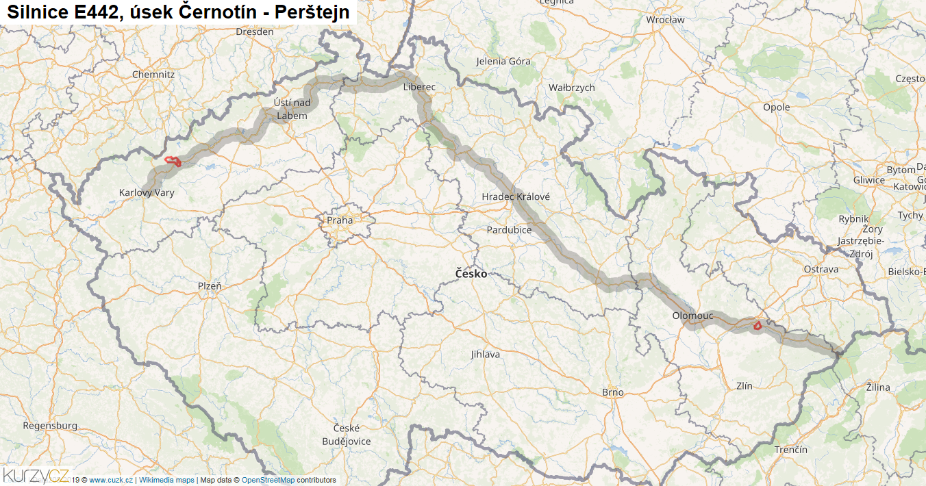 Úsek Černotín - Perštejn, Silnice E442 - Mapa