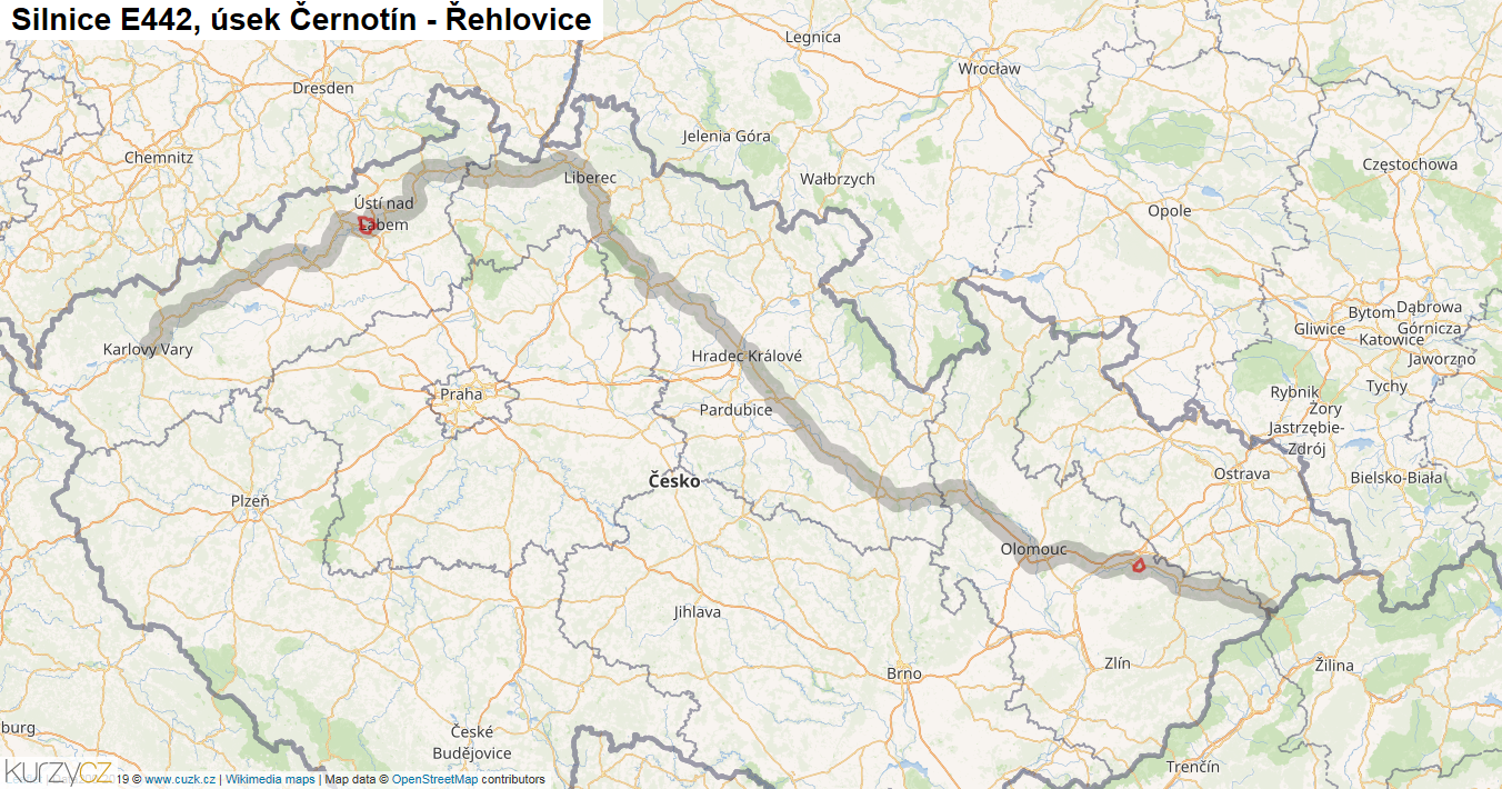 Úsek Černotín - Řehlovice, Silnice E442 - Mapa