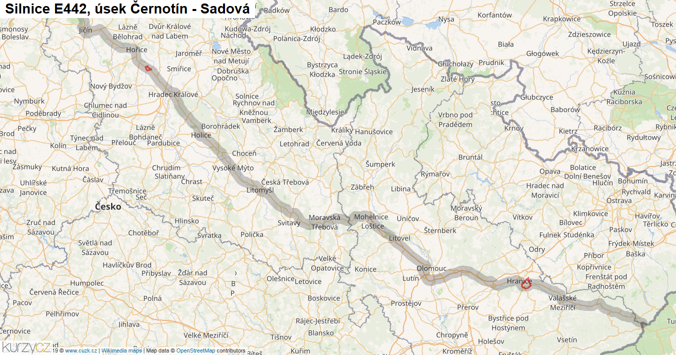 Úsek Černotín - Sadová, Silnice E442 - Mapa