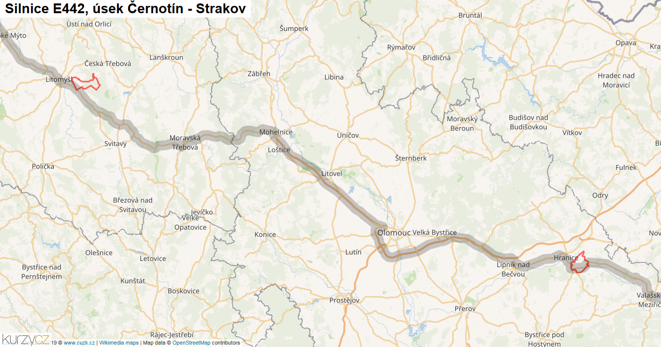 Úsek Černotín - Strakov, Silnice E442 - Mapa