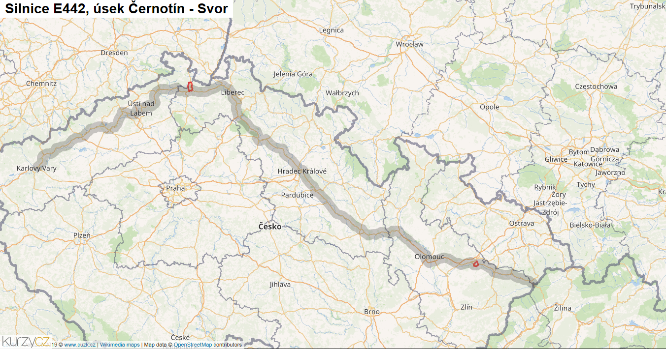 Úsek Černotín - Svor, Silnice E442 - Mapa