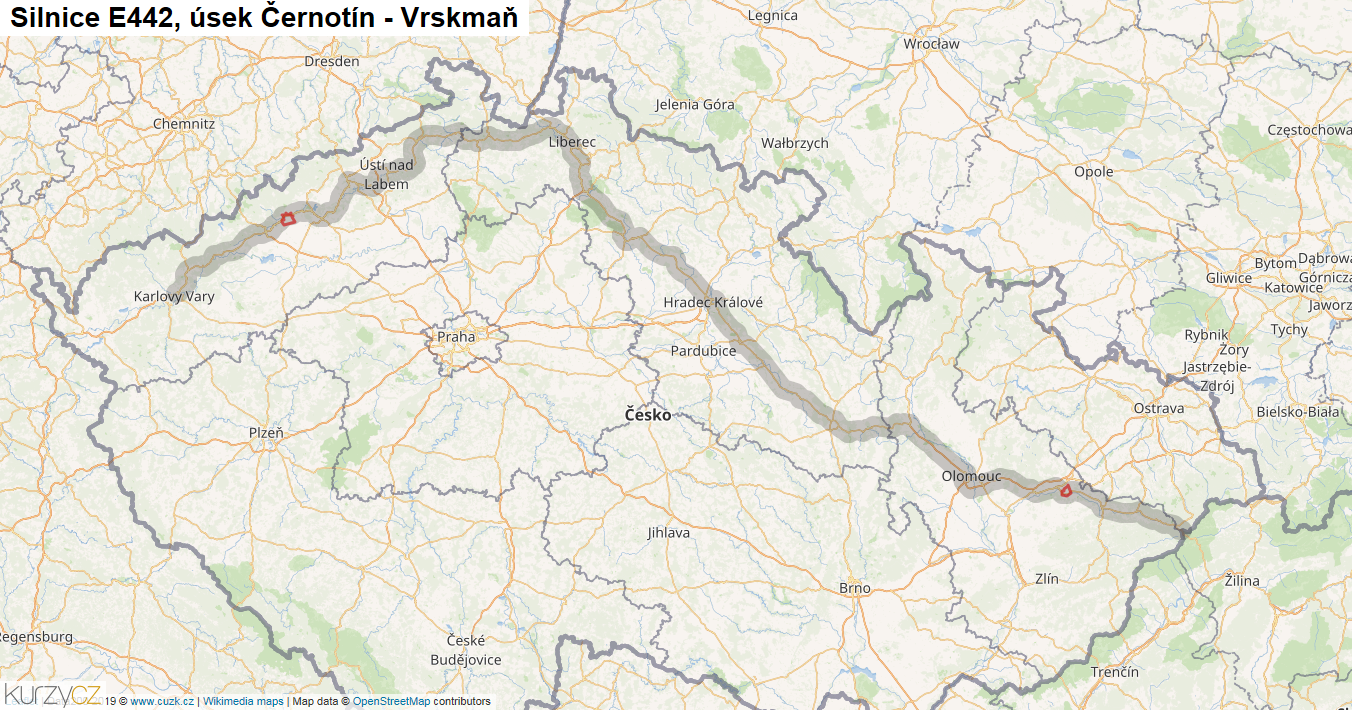 Úsek Černotín - Vrskmaň, Silnice E442 - Mapa