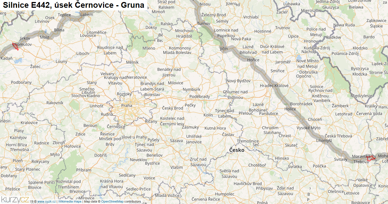 Úsek Černovice - Gruna, Silnice E442 - Mapa