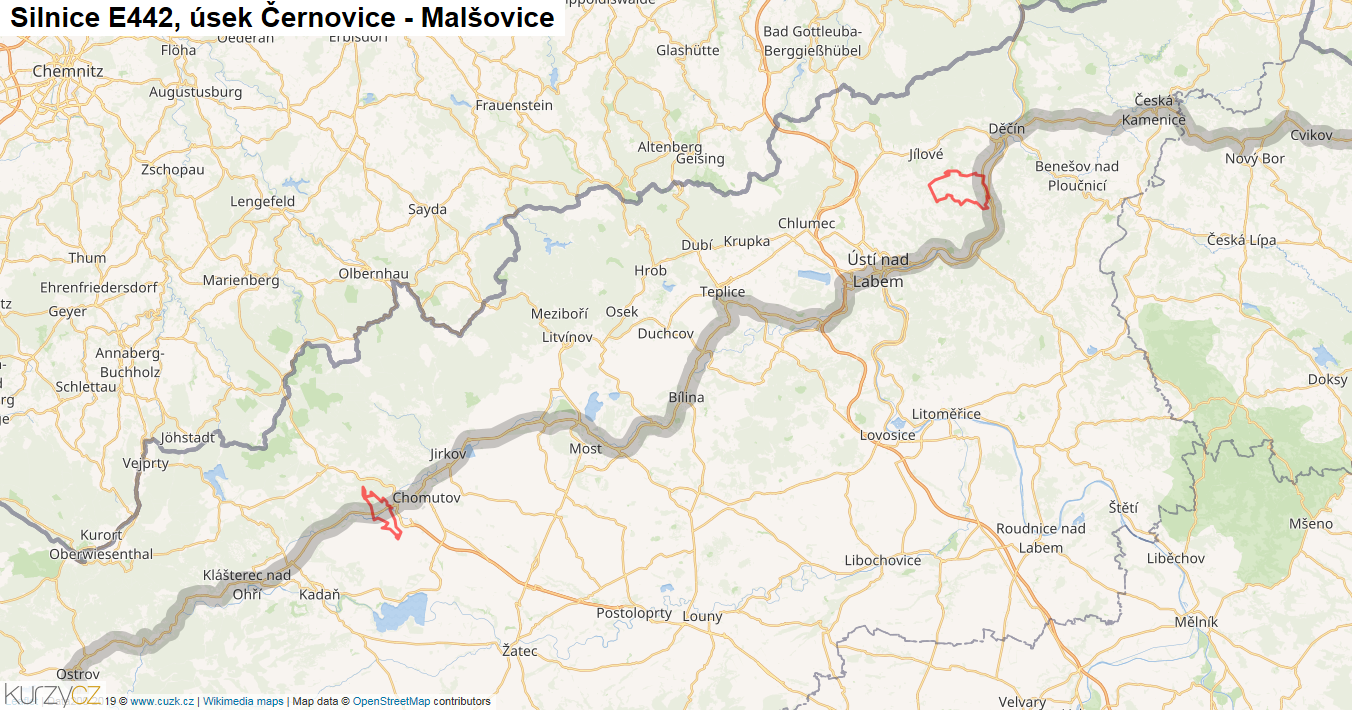 Úsek Černovice - Malšovice, Silnice E442 - Mapa