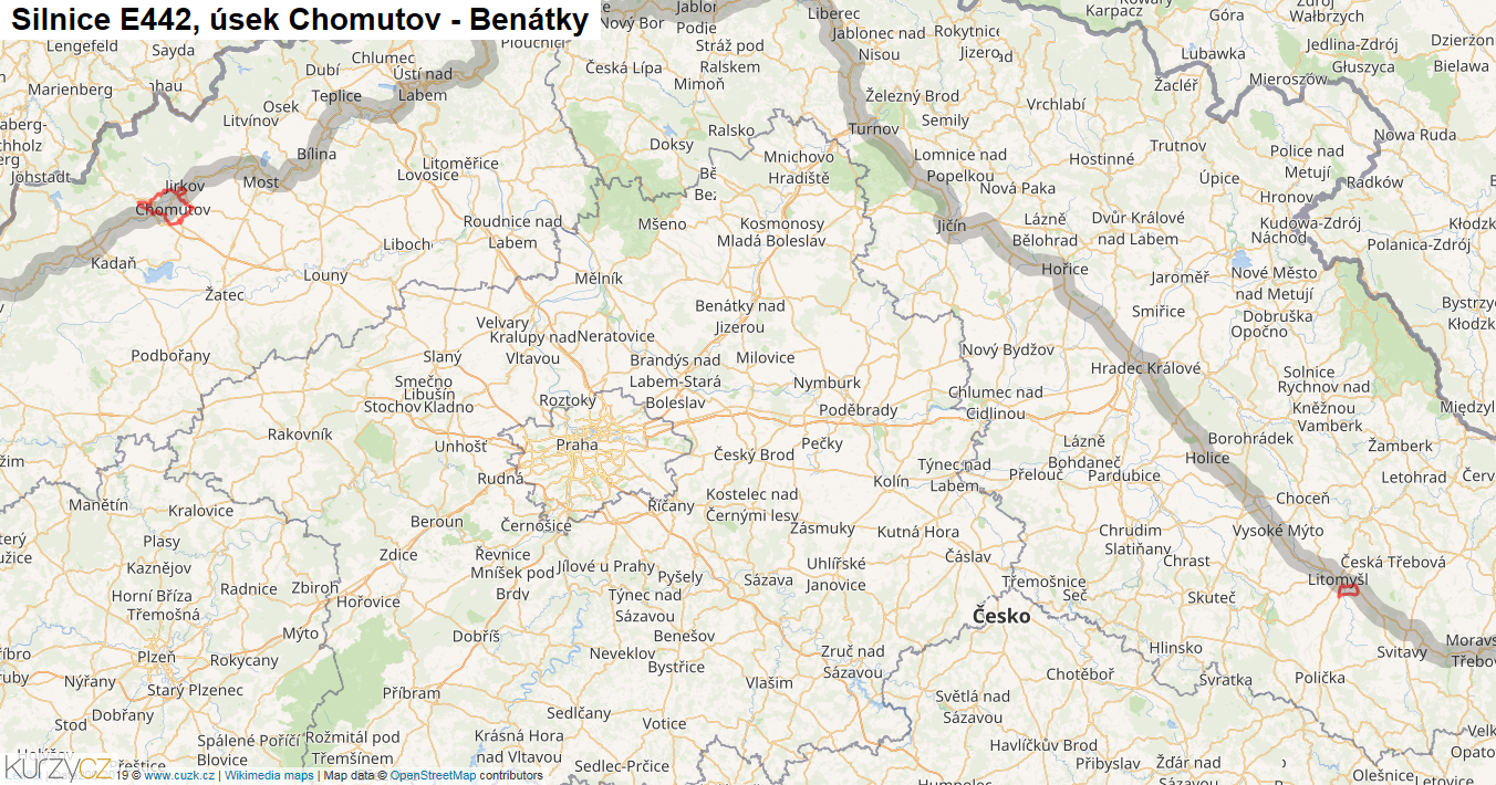 Úsek Chomutov - Benátky, Silnice E442 - Mapa