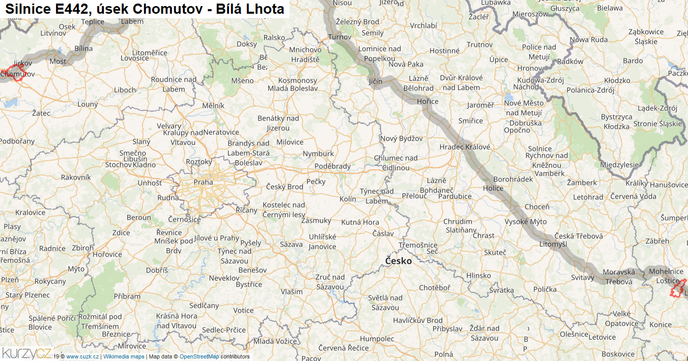 Úsek Chomutov - Bílá Lhota, Silnice E442 - Mapa