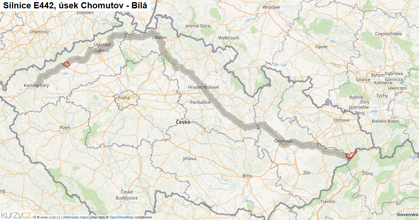 Úsek Chomutov - Bílá, Silnice E442 - Mapa