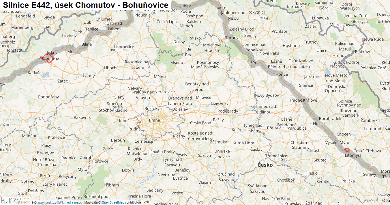 Úsek Chomutov - Bohuňovice, Silnice E442 - Mapa