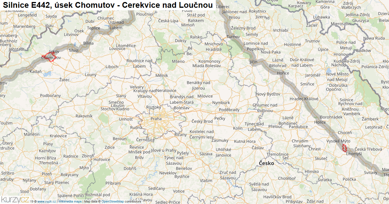 Úsek Chomutov - Cerekvice nad Loučnou, Silnice E442 - Mapa