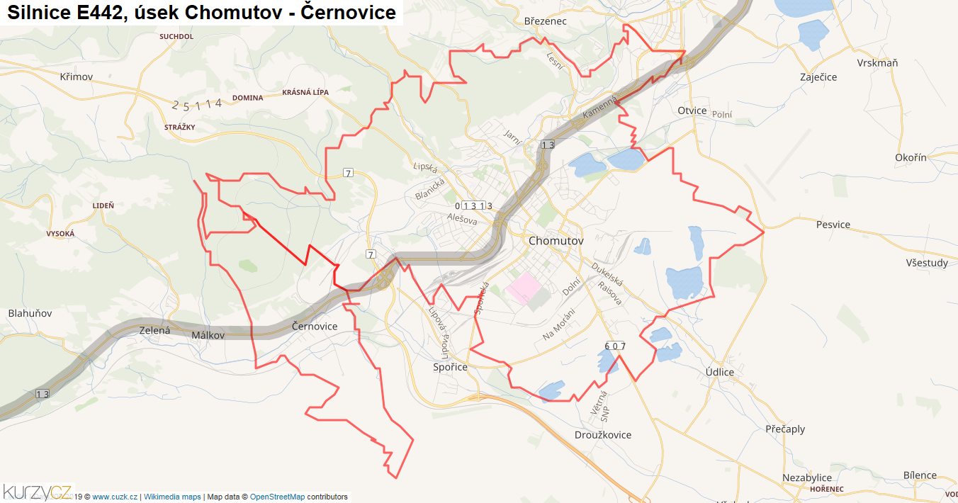 Úsek Chomutov - Černovice, Silnice E442 - Mapa