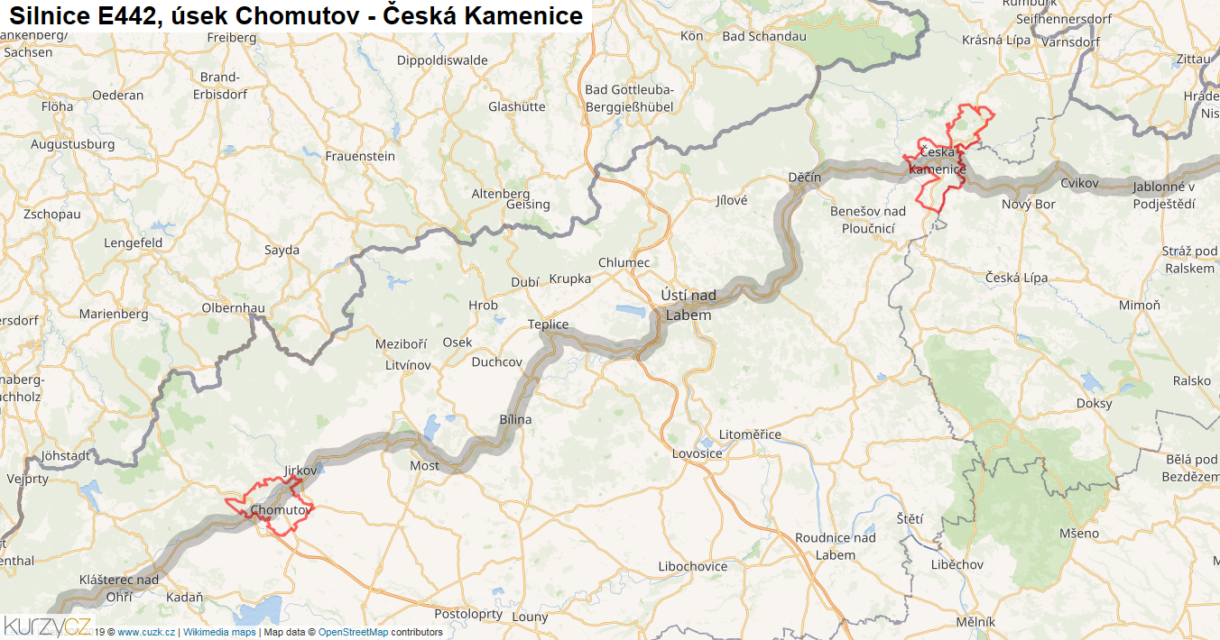 Úsek Chomutov - Česká Kamenice, Silnice E442 - Mapa