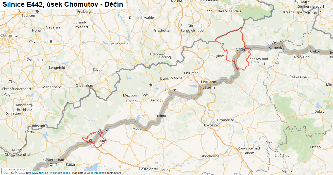Úsek Chomutov - Děčín, Silnice E442 - Mapa