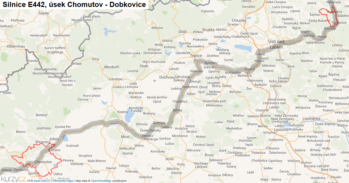 Úsek Chomutov - Dobkovice, Silnice E442 - Mapa