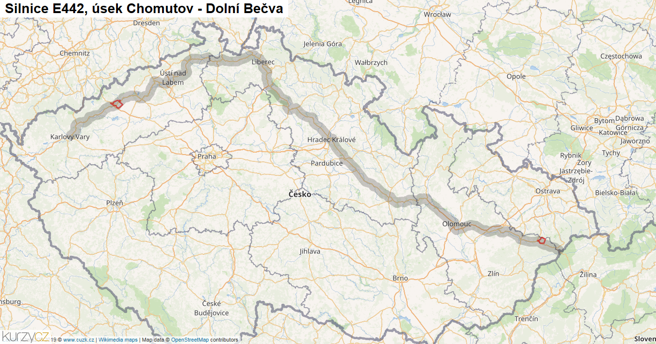 Úsek Chomutov - Dolní Bečva, Silnice E442 - Mapa