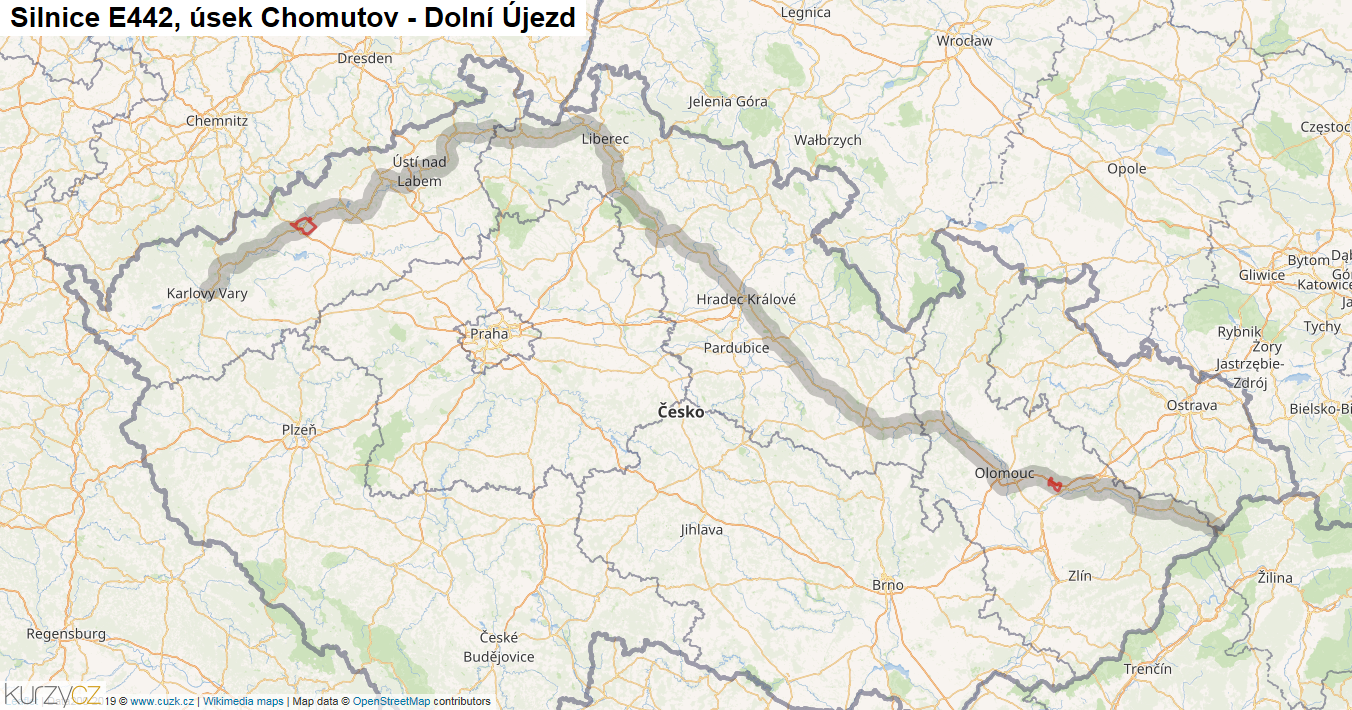 Úsek Chomutov - Dolní Újezd, Silnice E442 - Mapa