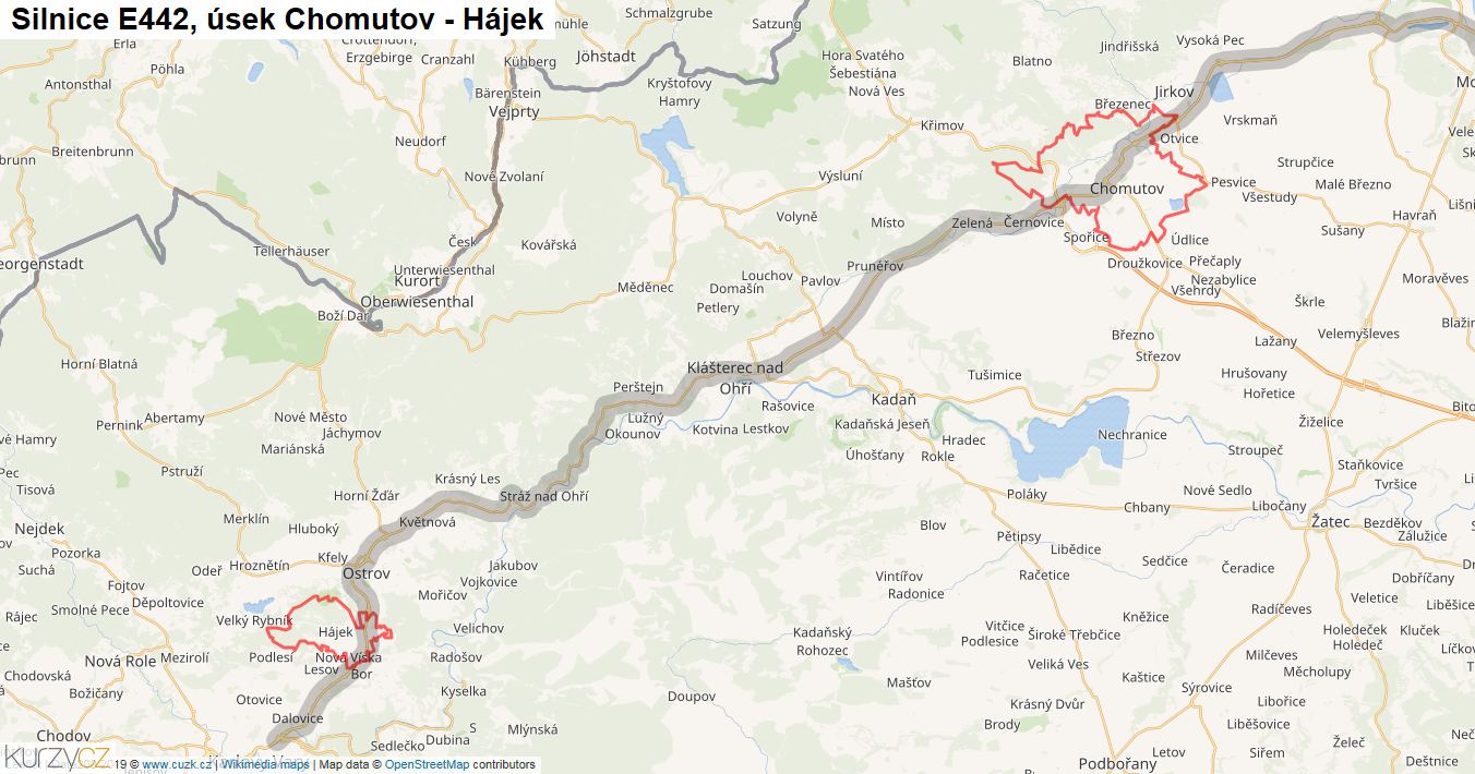 Úsek Chomutov - Hájek, Silnice E442 - Mapa