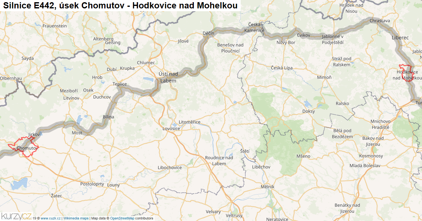 Úsek Chomutov - Hodkovice nad Mohelkou, Silnice E442 - Mapa