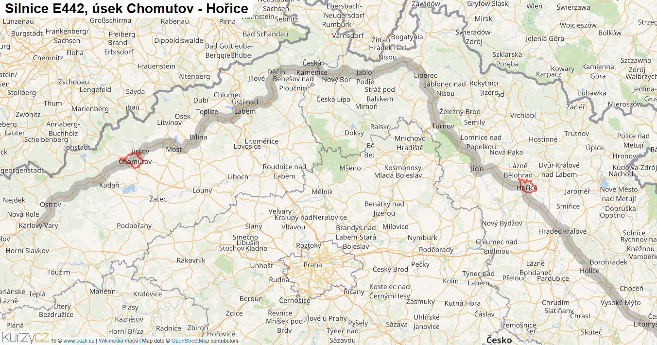 Úsek Chomutov - Hořice, Silnice E442 - Mapa