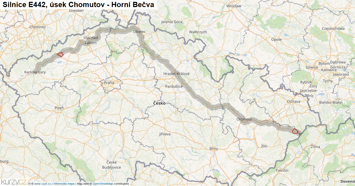Úsek Chomutov - Horní Bečva, Silnice E442 - Mapa