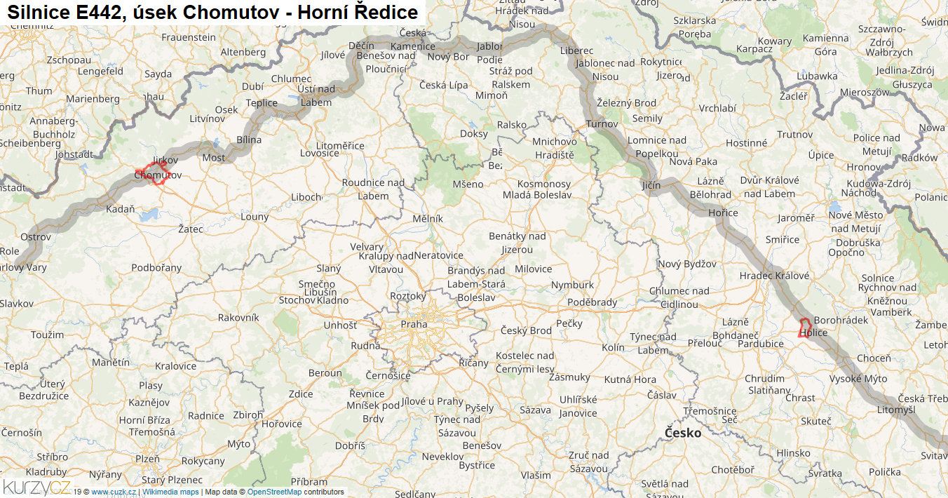 Úsek Chomutov - Horní Ředice, Silnice E442 - Mapa