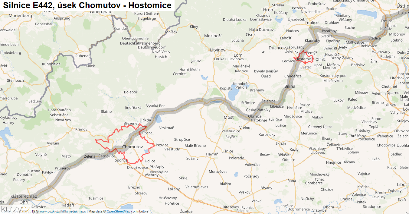 Úsek Chomutov - Hostomice, Silnice E442 - Mapa