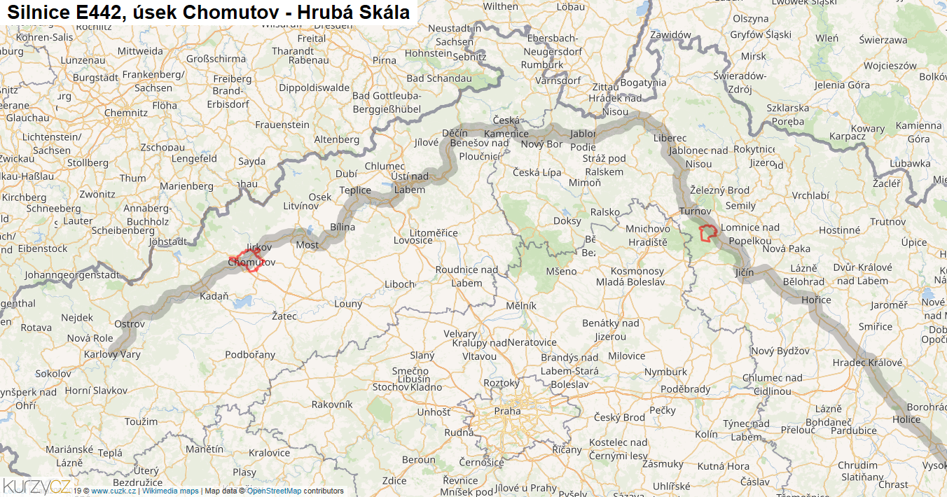 Úsek Chomutov - Hrubá Skála, Silnice E442 - Mapa