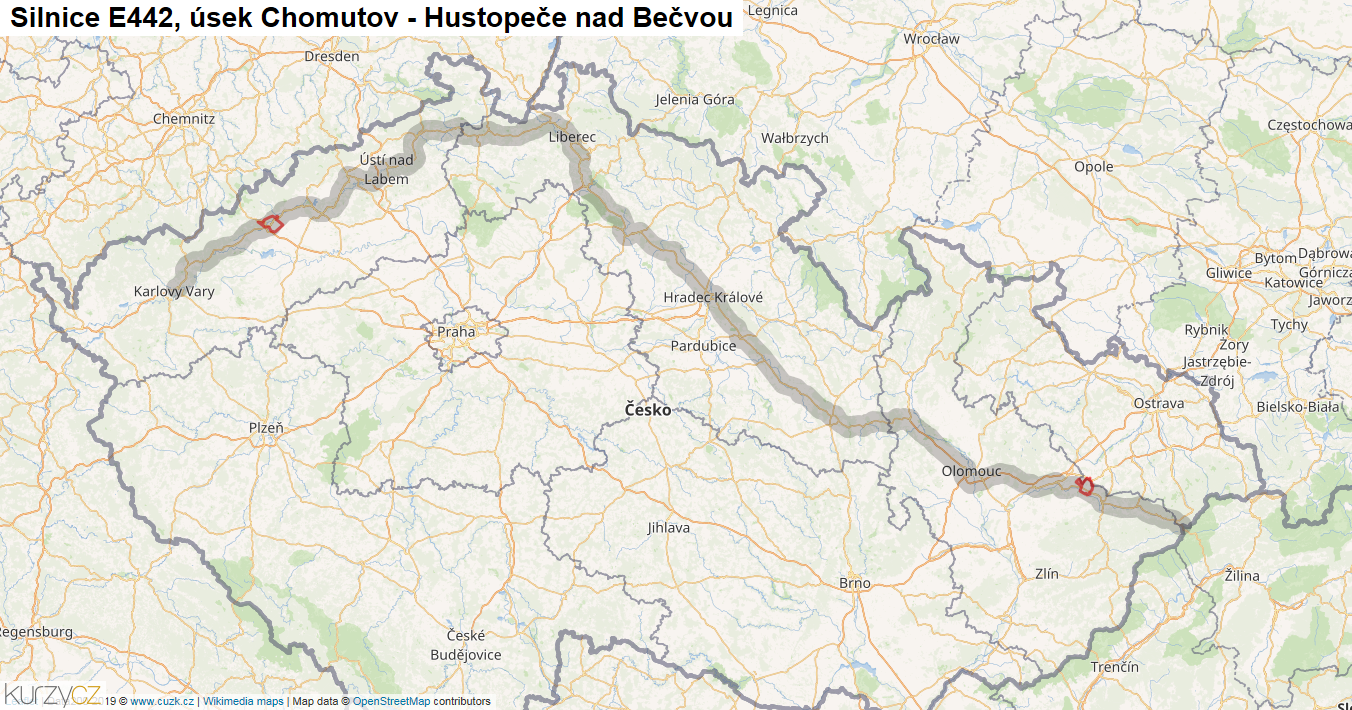 Úsek Chomutov - Hustopeče nad Bečvou, Silnice E442 - Mapa
