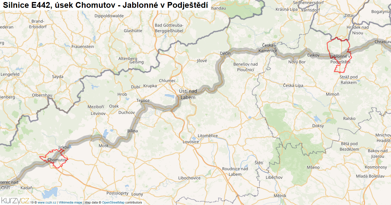 Úsek Chomutov - Jablonné v Podještědí, Silnice E442 - Mapa