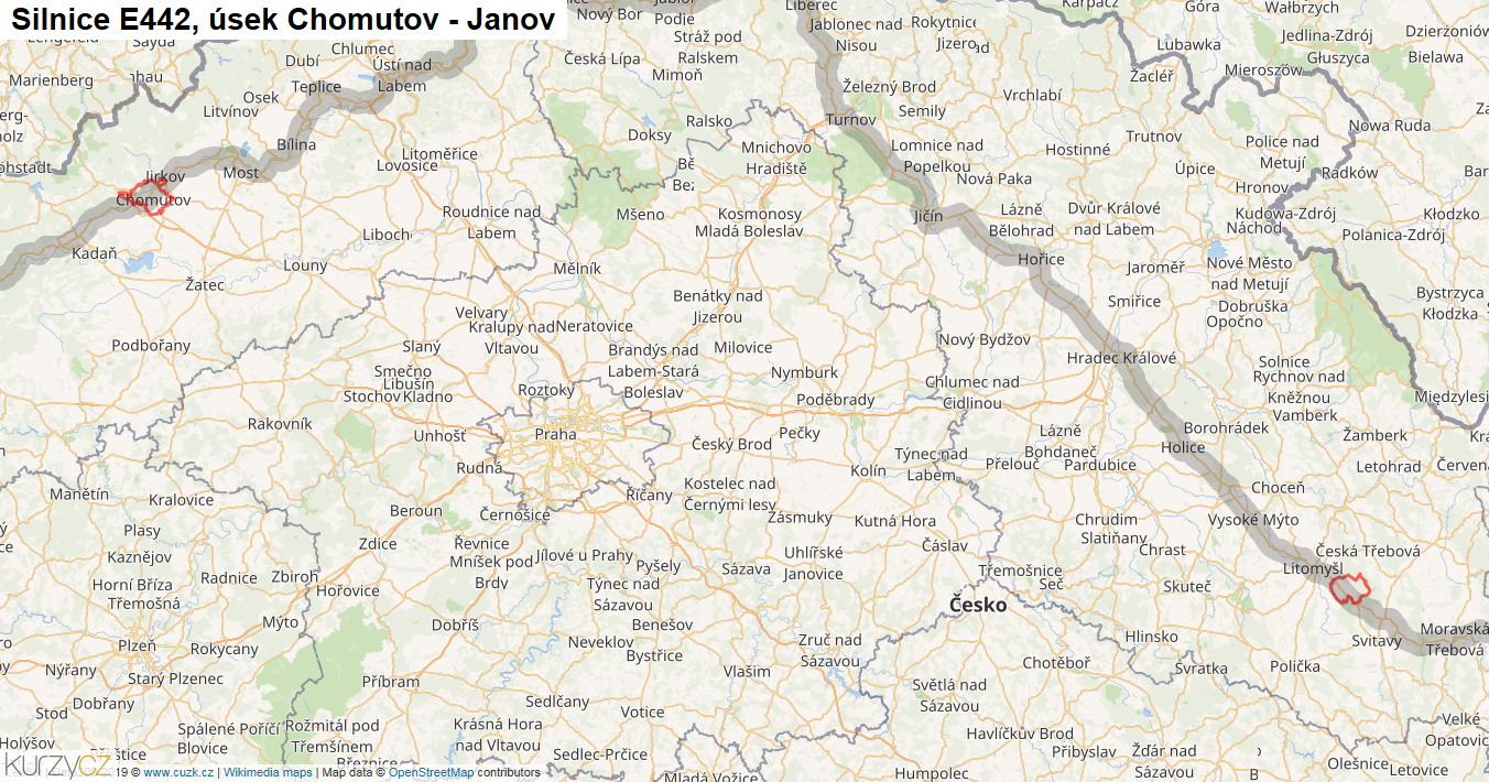 Úsek Chomutov - Janov, Silnice E442 - Mapa