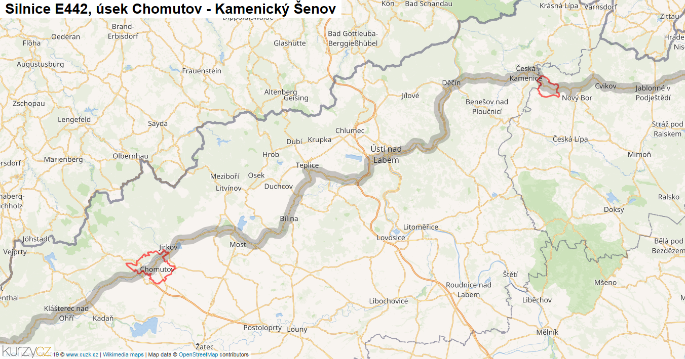 Úsek Chomutov - Kamenický Šenov, Silnice E442 - Mapa