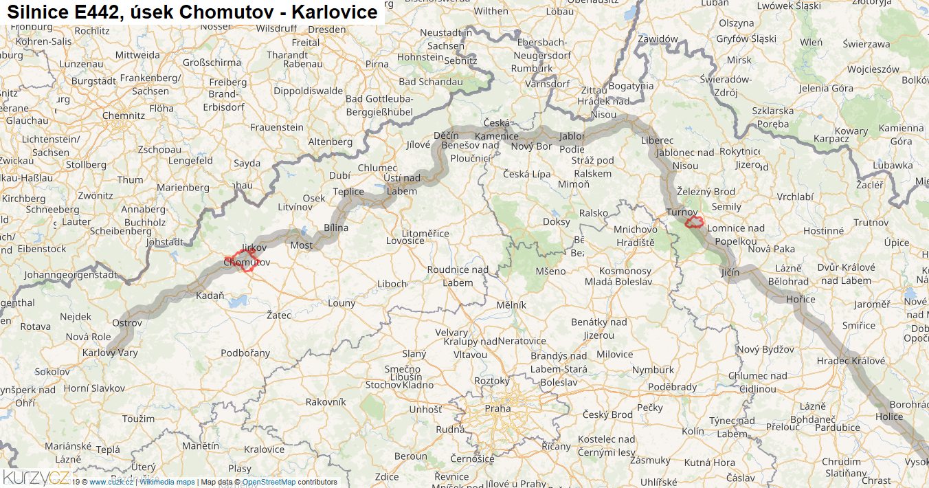 Úsek Chomutov - Karlovice, Silnice E442 - Mapa