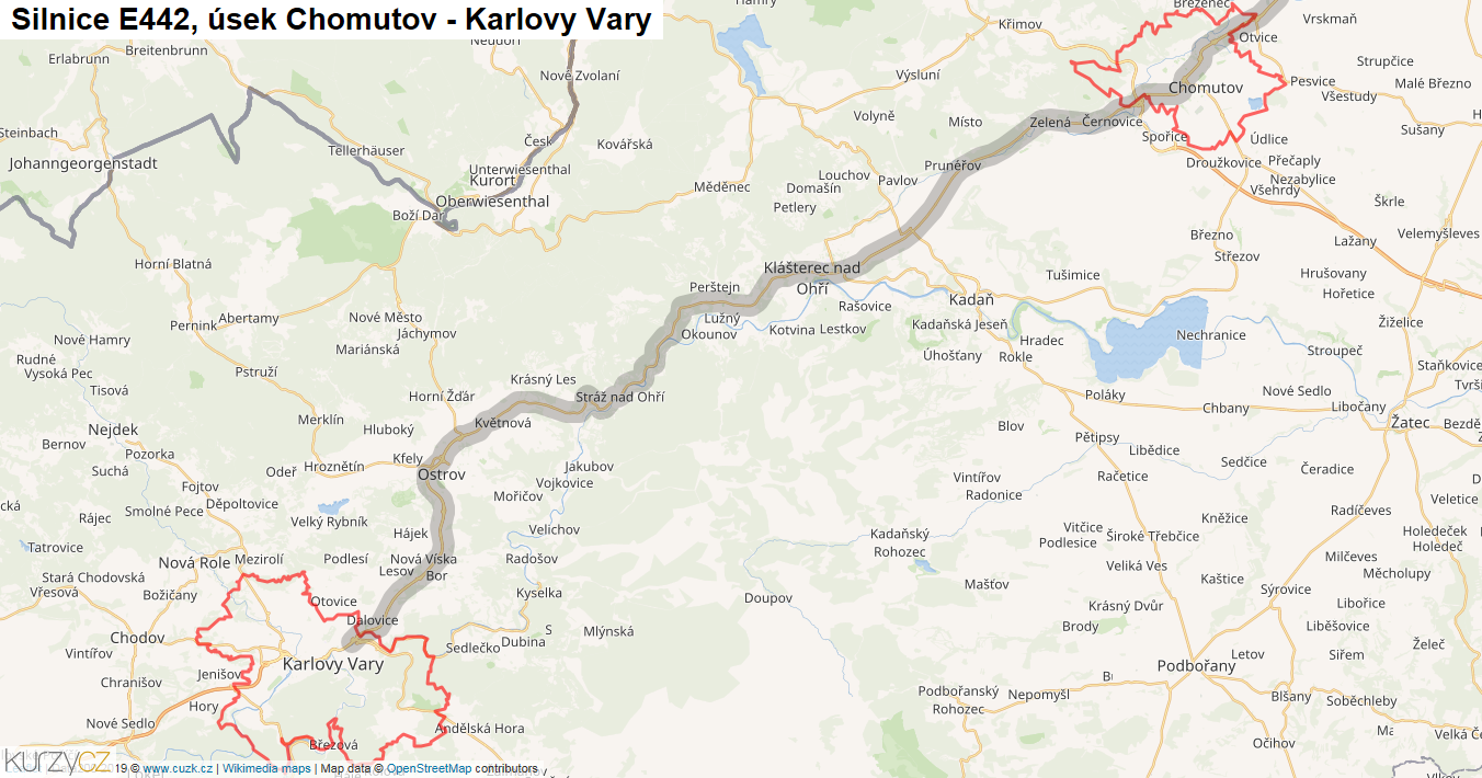 Úsek Chomutov - Karlovy Vary, Silnice E442 - Mapa