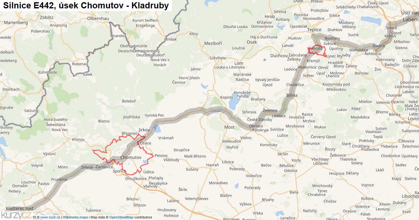 Úsek Chomutov - Kladruby, Silnice E442 - Mapa