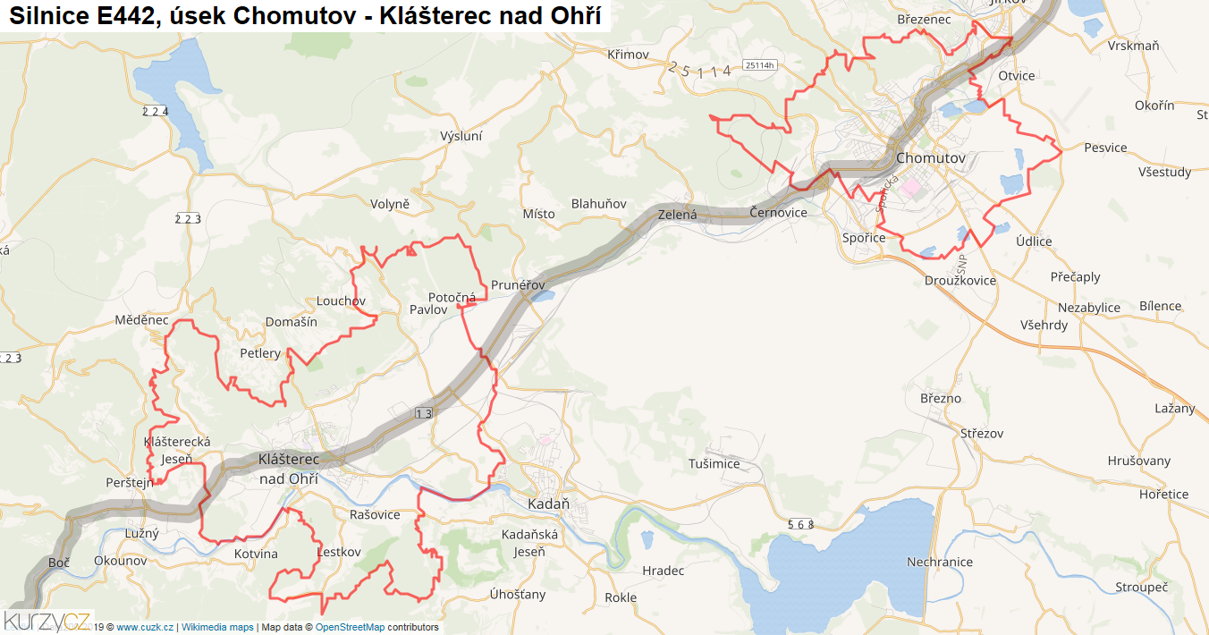 Úsek Chomutov - Klášterec nad Ohří, Silnice E442 - Mapa