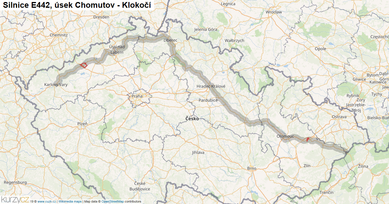 Úsek Chomutov - Klokočí, Silnice E442 - Mapa