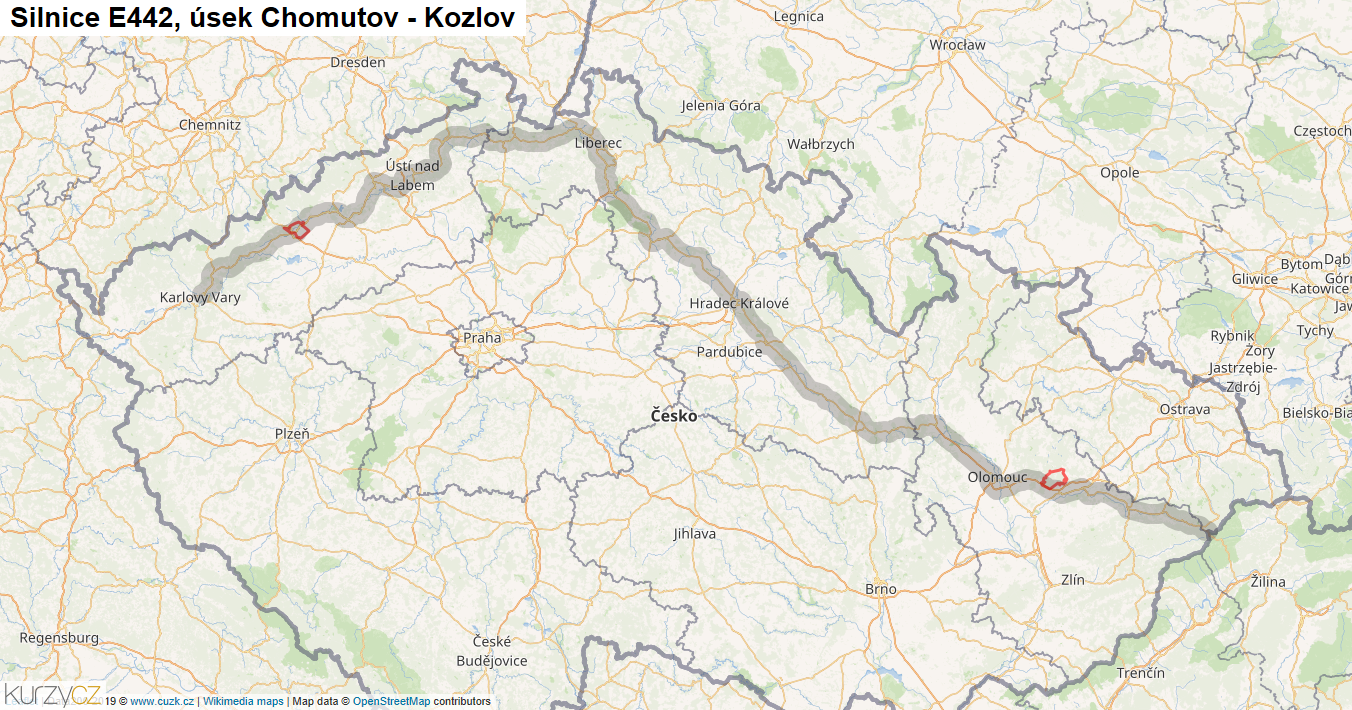 Úsek Chomutov - Kozlov, Silnice E442 - Mapa