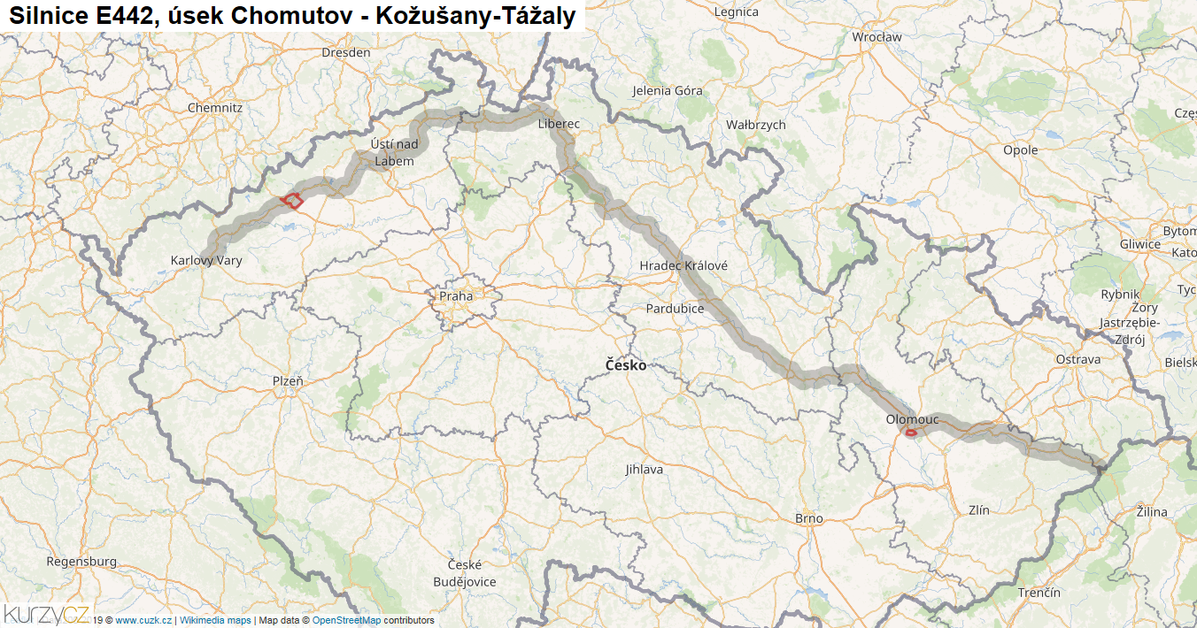 Úsek Chomutov - Kožušany-Tážaly, Silnice E442 - Mapa