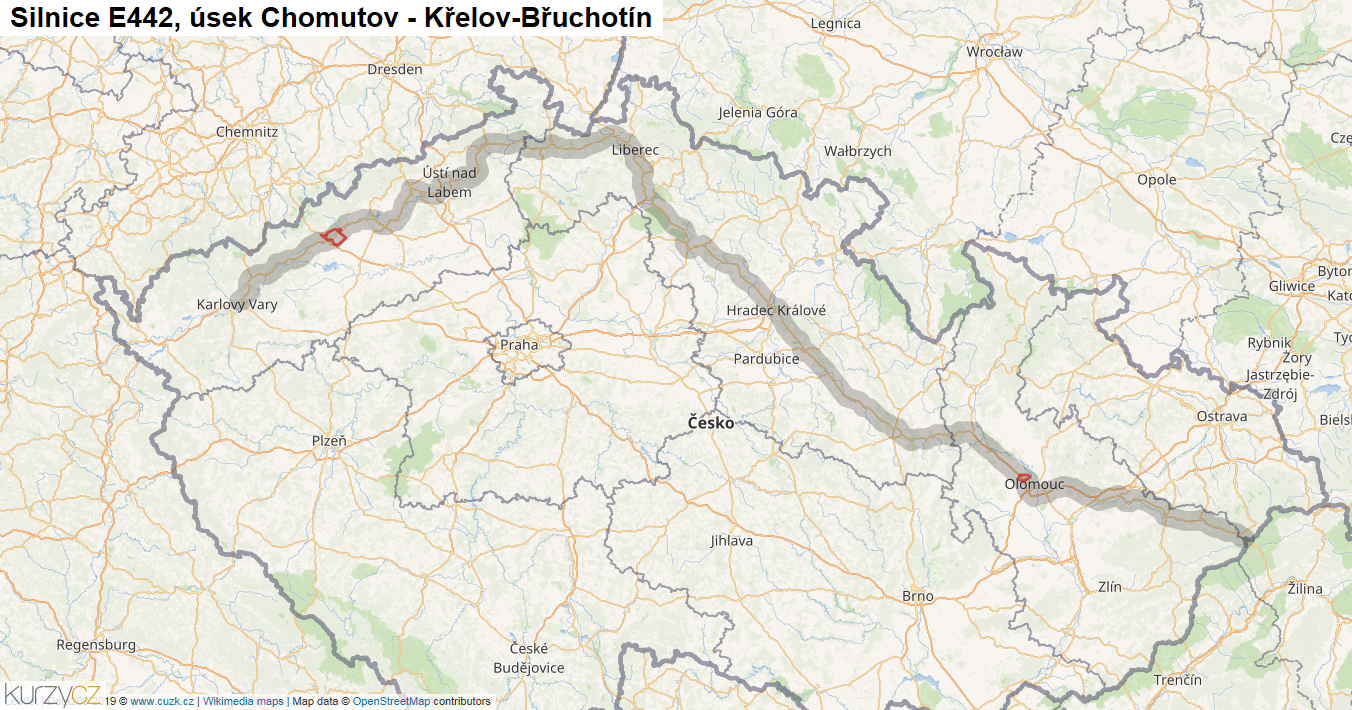 Úsek Chomutov - Křelov-Břuchotín, Silnice E442 - Mapa