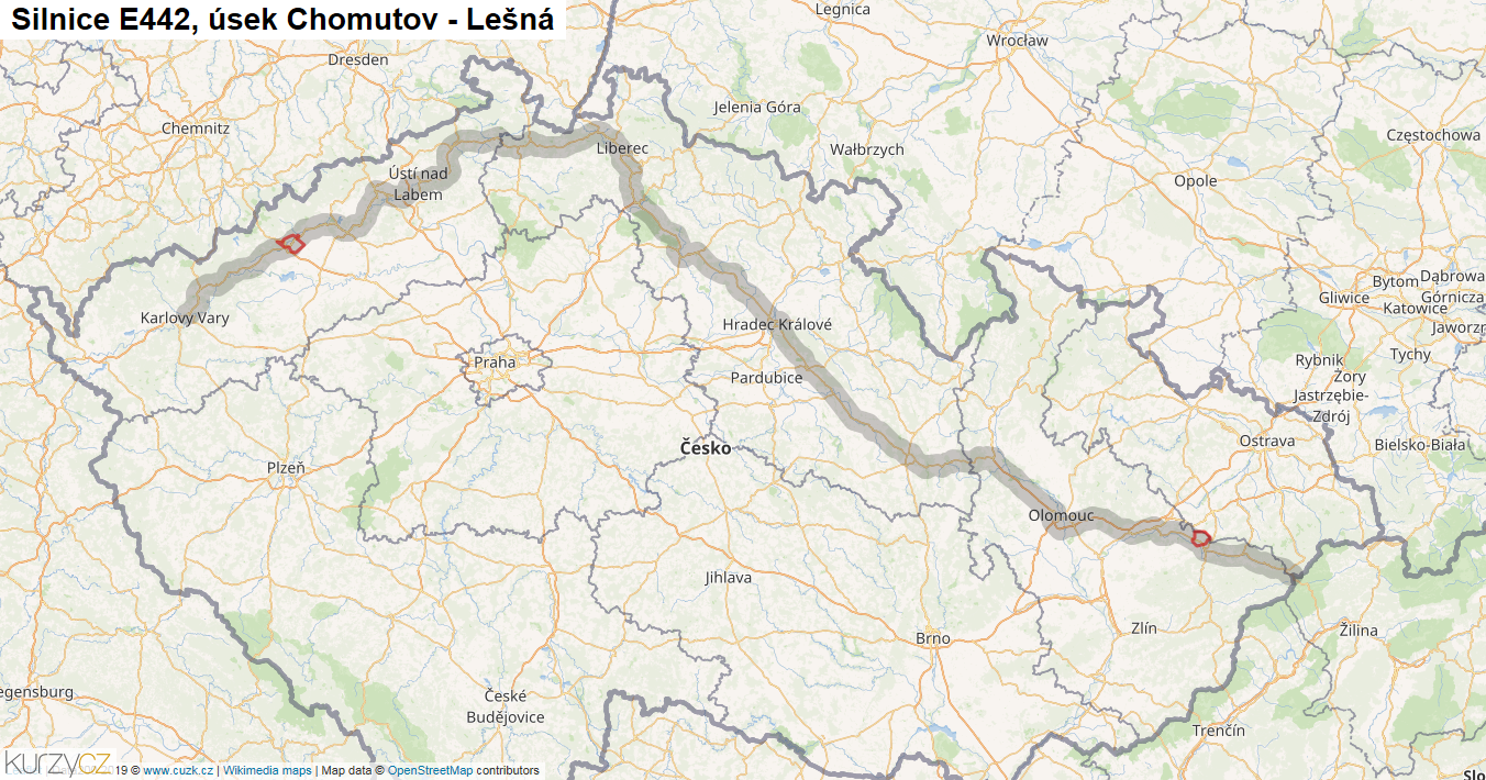 Úsek Chomutov - Lešná, Silnice E442 - Mapa