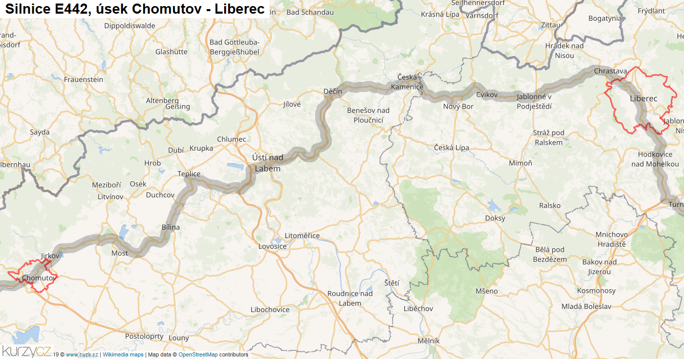 Úsek Chomutov - Liberec, Silnice E442 - Mapa