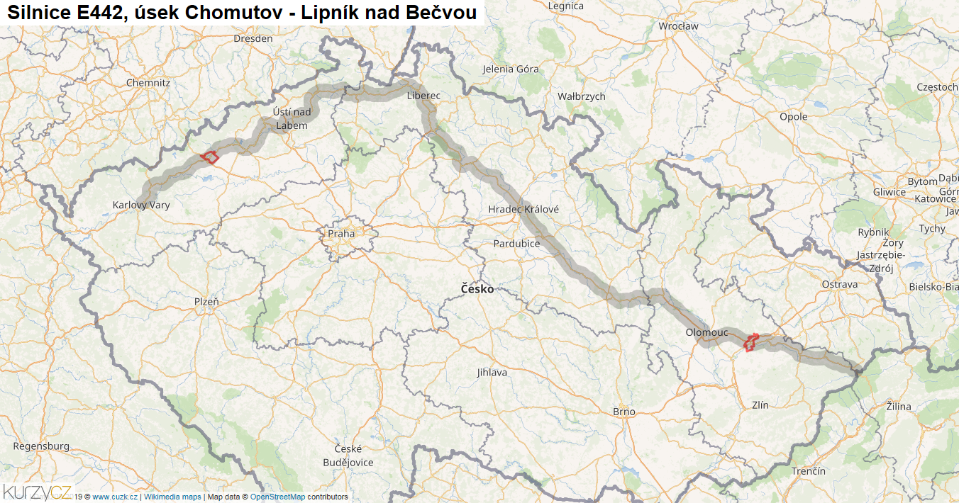 Úsek Chomutov - Lipník nad Bečvou, Silnice E442 - Mapa