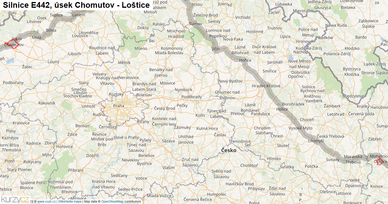 Úsek Chomutov - Loštice, Silnice E442 - Mapa