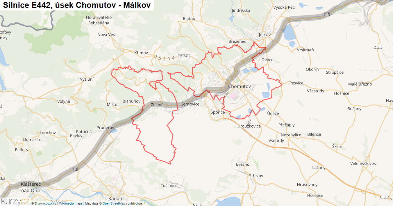 Úsek Chomutov - Málkov, Silnice E442 - Mapa