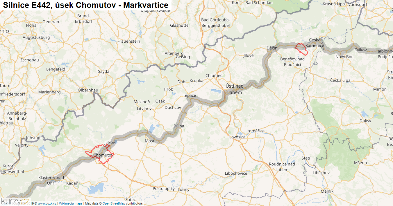 Úsek Chomutov - Markvartice, Silnice E442 - Mapa