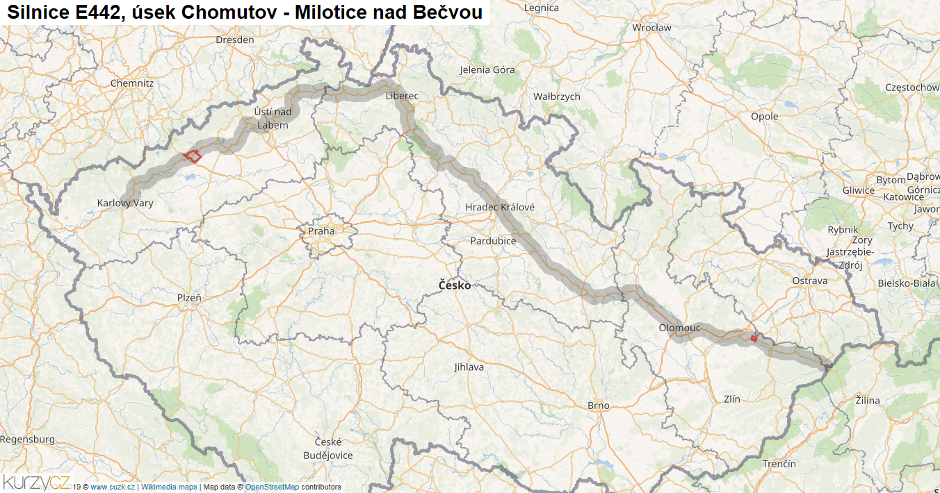 Úsek Chomutov - Milotice nad Bečvou, Silnice E442 - Mapa