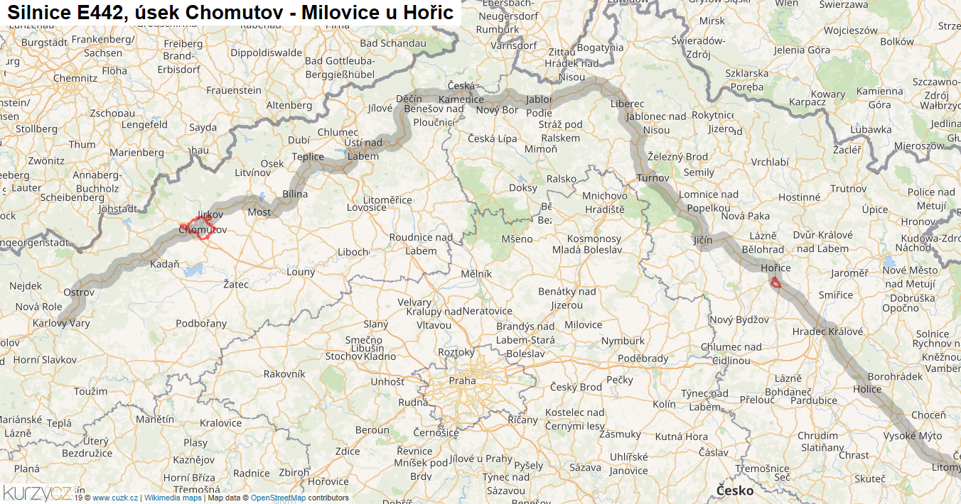 Úsek Chomutov - Milovice u Hořic, Silnice E442 - Mapa