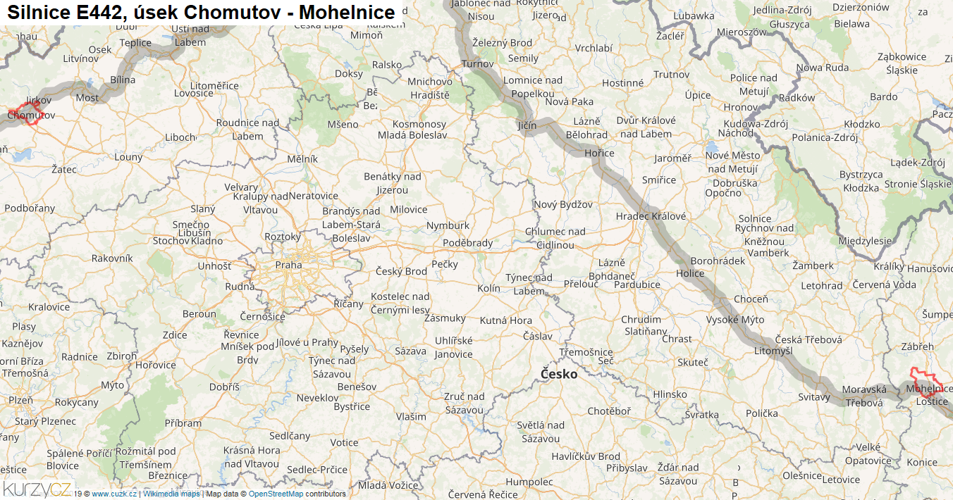Úsek Chomutov - Mohelnice, Silnice E442 - Mapa