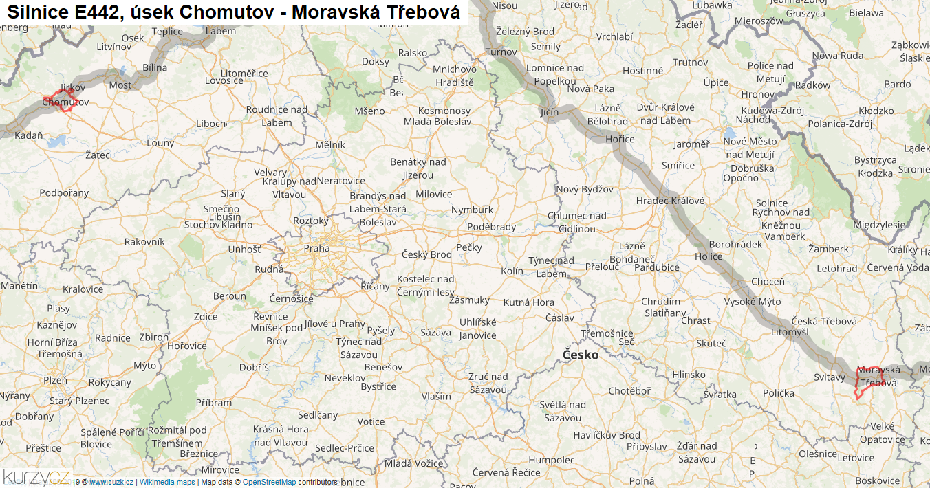Úsek Chomutov - Moravská Třebová, Silnice E442 - Mapa
