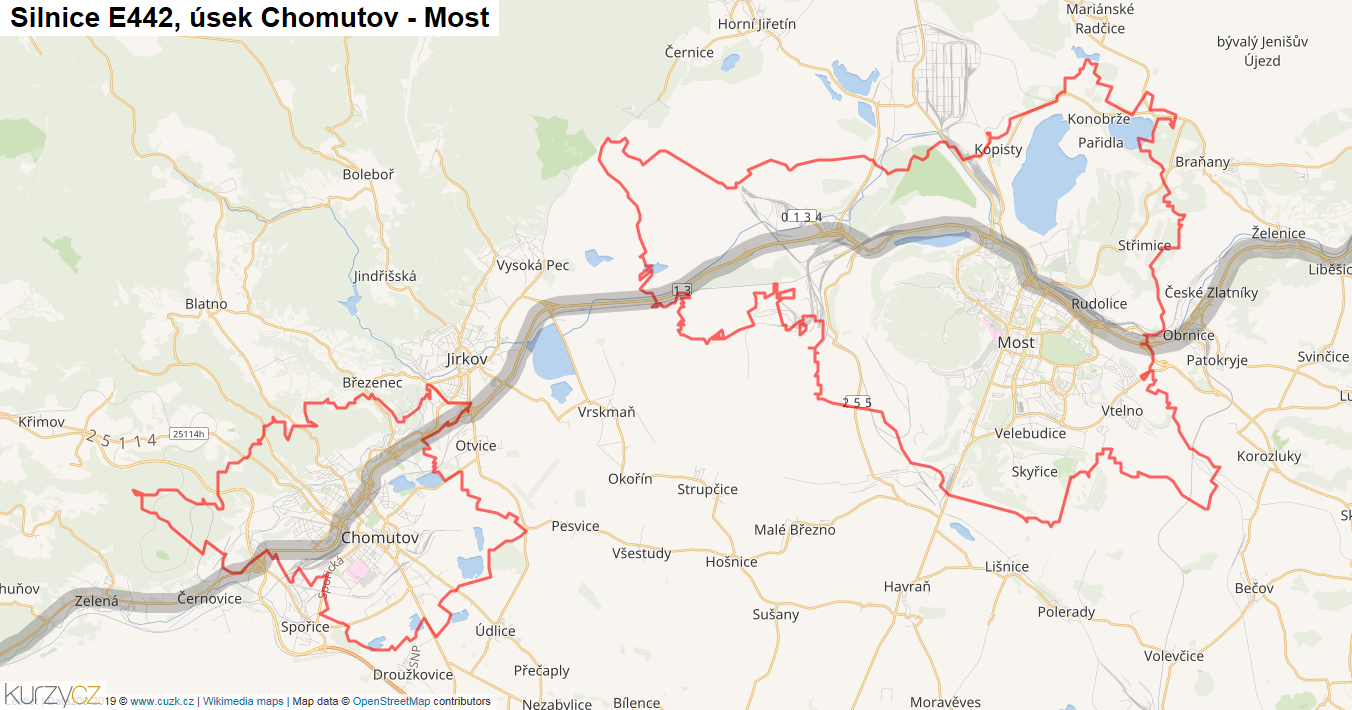 Úsek Chomutov - Most, Silnice E442 - Mapa